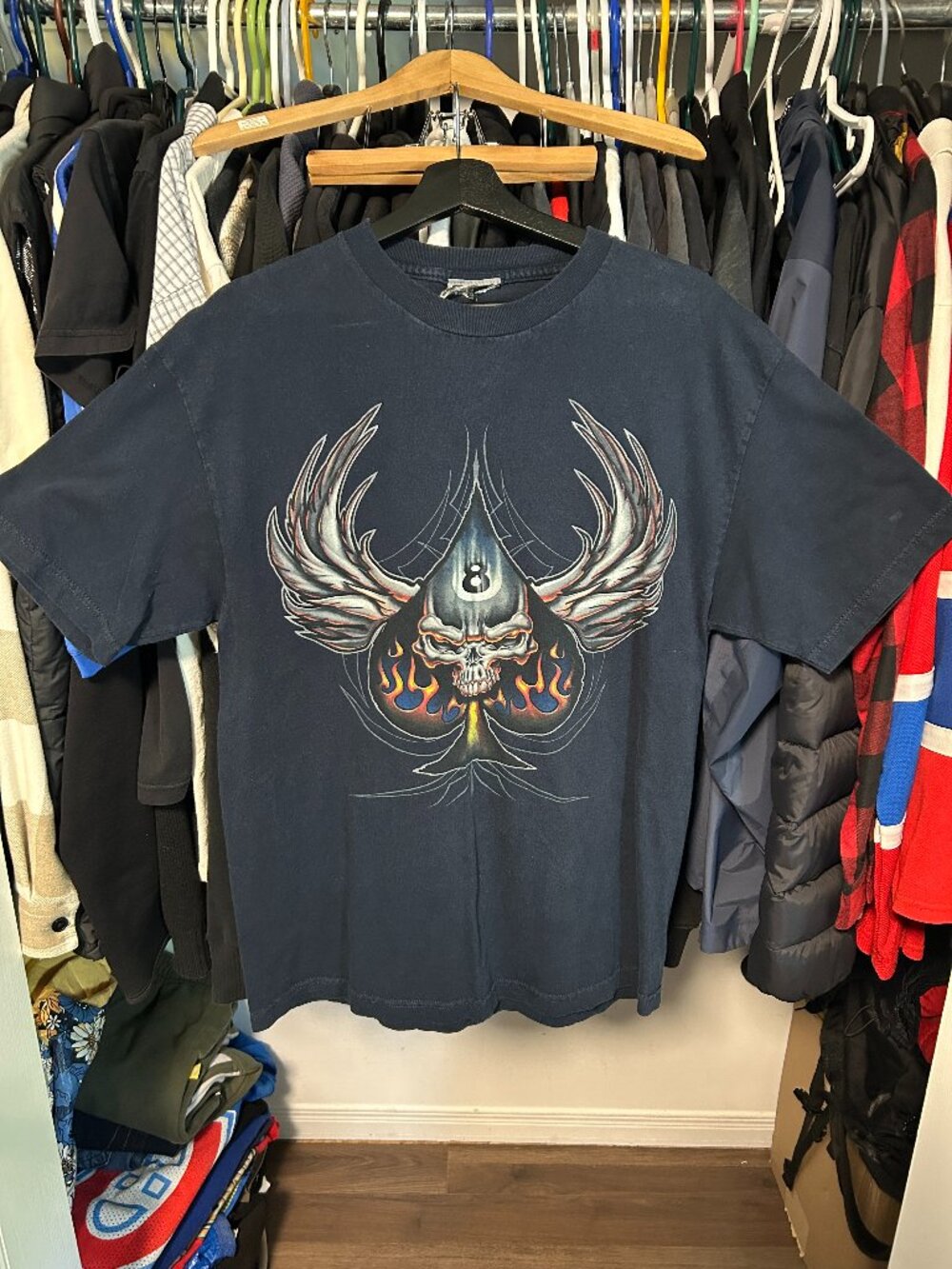 Y2K 8 Ball Skull Angel Navy Blue Men Tee - Fit L